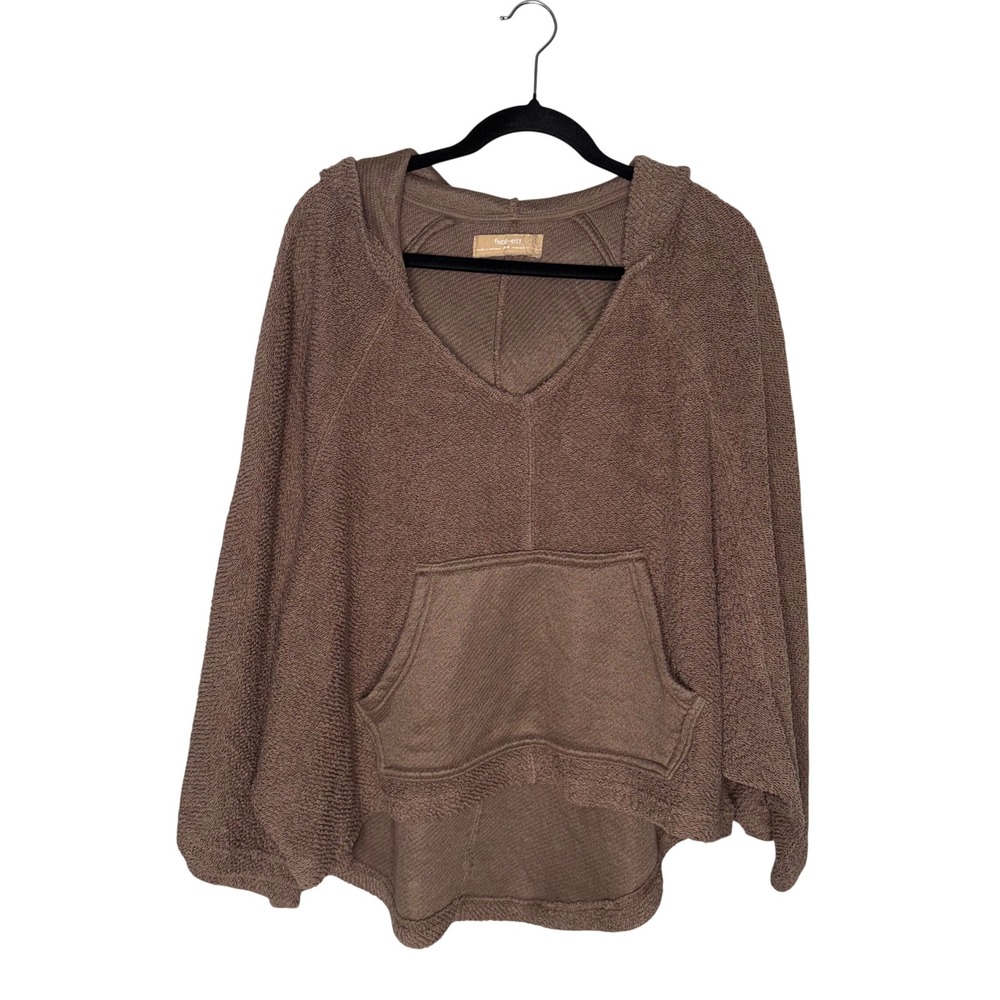 Free People Free-est Hoodie Women Med Brown Excellent Terry Beach Poncho V-Neck